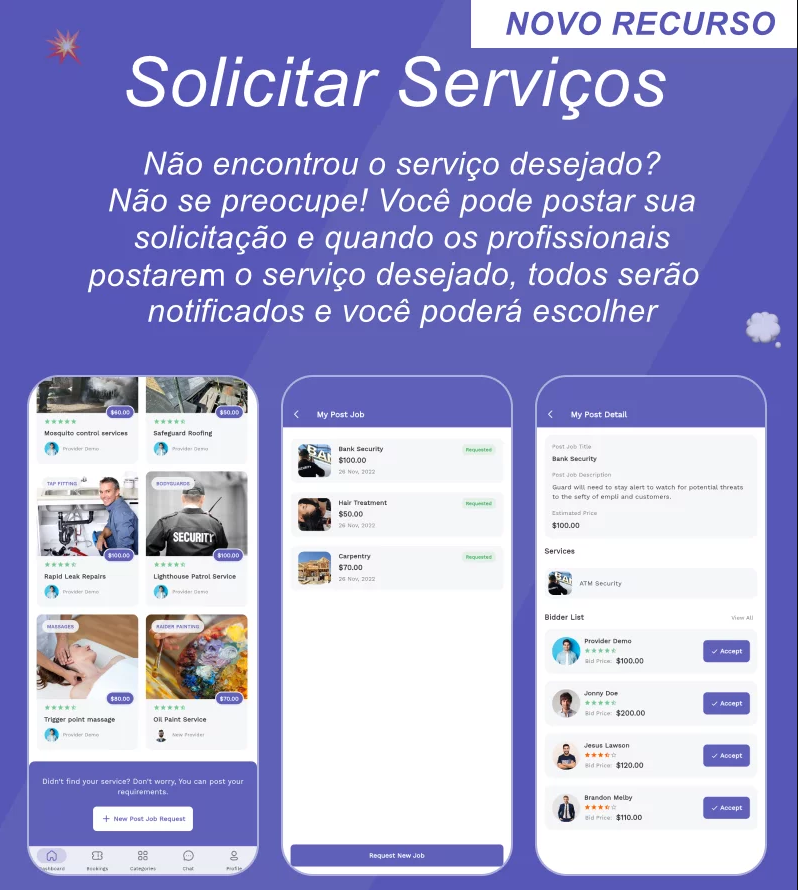Aplicativo Serviços Android e IOS SaaS Getninjas Site e Admin