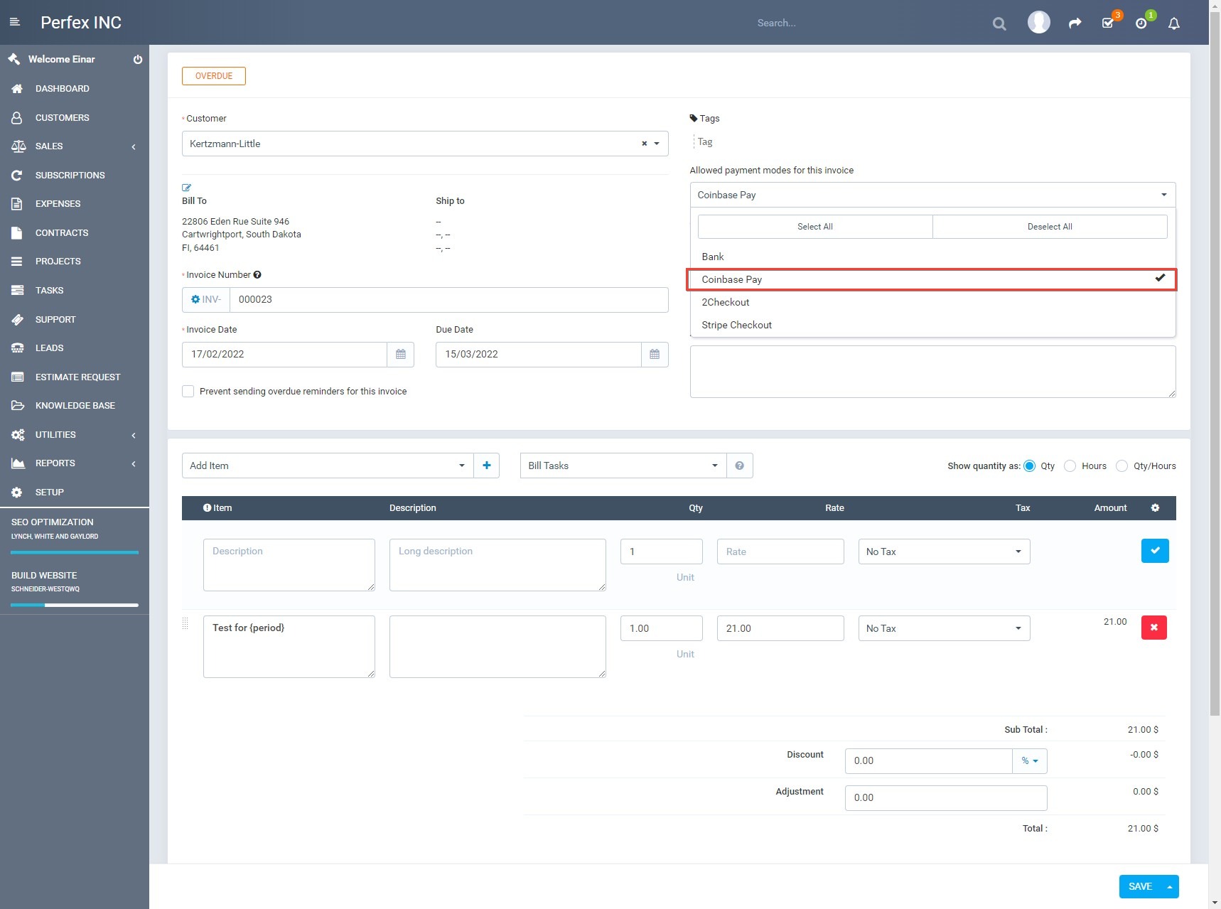 Coinbase Crypto Payment gateway for Perfex CRM
