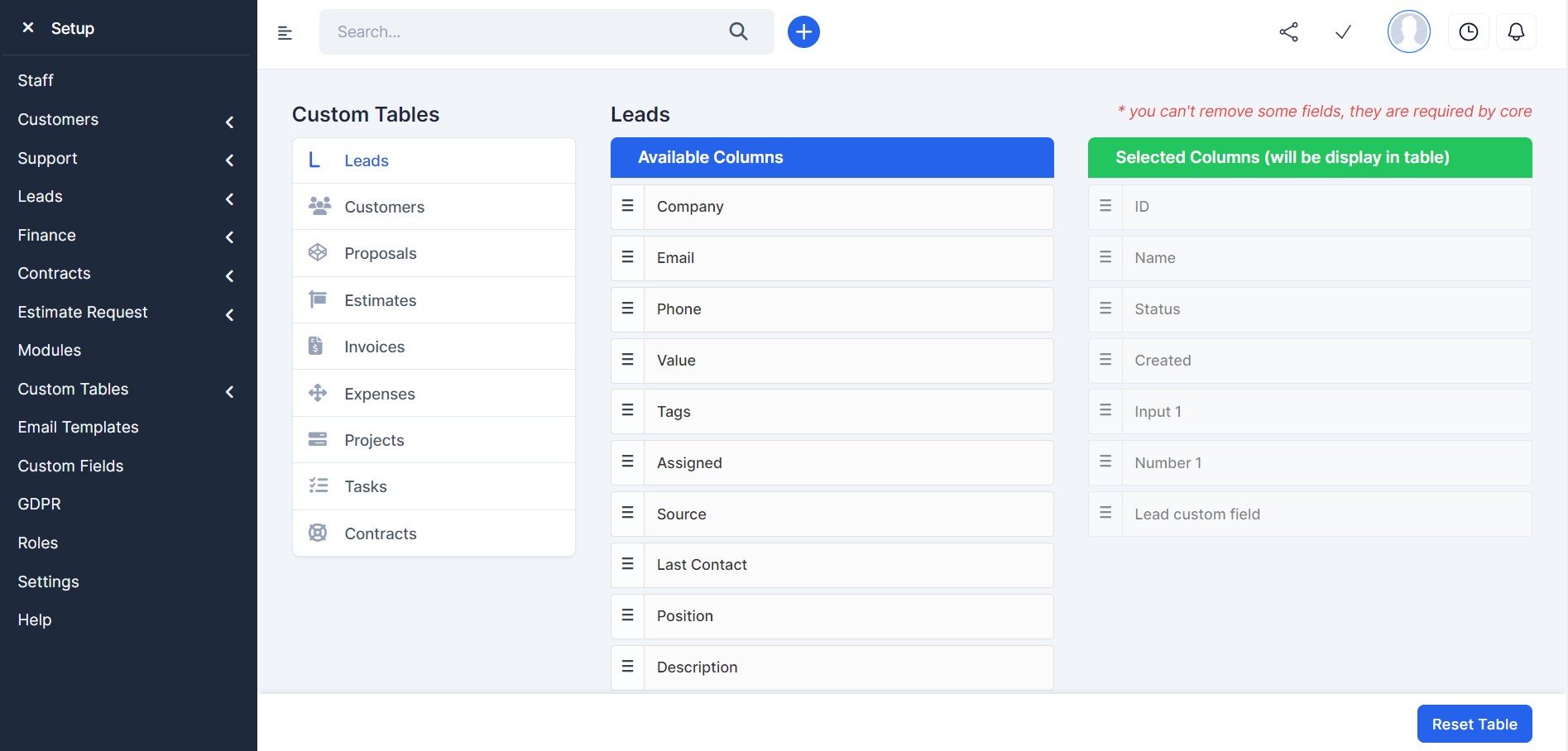 Custom Data Tables for Perfex CRM